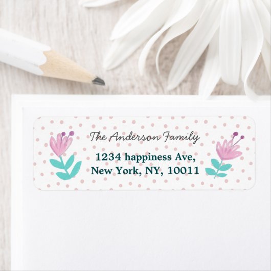 Bloemroze Bloem Polka Dots Wit Retour Adres Etiket (Insitu)