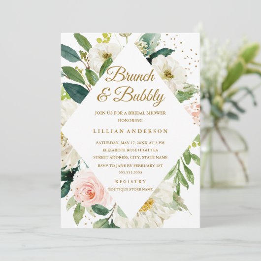 Bloemroze Blush Gold Brunch en Bubbly Kaart (Staand voorkant)