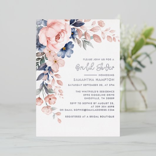 Bloemroze Botanisch Vrijgezellenfeest Zilver Folie Uitnodiging (Staand Voorkant)