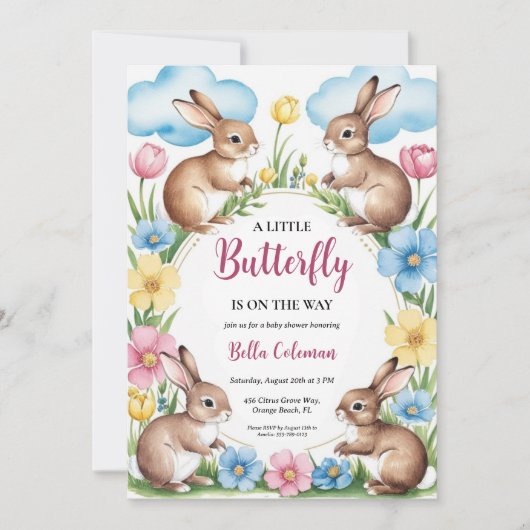 Bloemroze Bunny Baby Shower Uitnodigingen (Voorkant)
