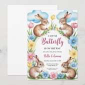 Bloemroze Bunny Baby Shower Uitnodigingen (Voorkant / Achterkant)