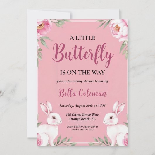 Bloemroze Bunny Baby Shower Uitnodigingen (Voorkant)