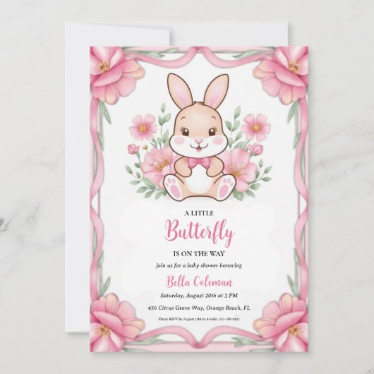 Bloemroze Bunny Baby Shower Uitnodigingen (Voorkant)