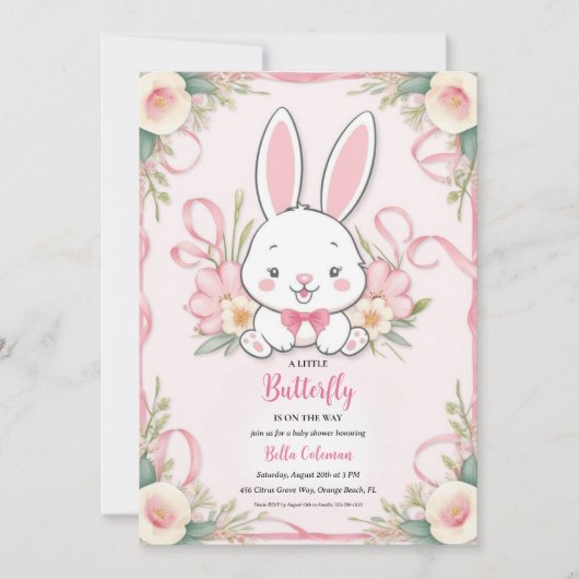 Bloemroze Bunny Baby Shower Uitnodigingen (Voorkant)