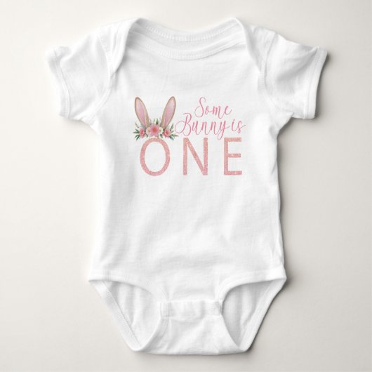 Bloemroze Bunny Eerste Verjaardag Bodysuit (Voorkant)