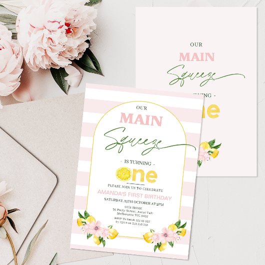 Bloemroze citroen Main Squeeze 1e verjaardag Kaart