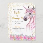 Bloemroze eenhoorn verjaardag kaart (Voorkant / Achterkant)