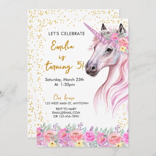 Bloemroze eenhoorn verjaardag kaart (Voorkant / Achterkant)