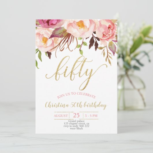 Bloemroze Elegante 50ste Verjaardag Vrouwen Kaart (Staand voorkant)