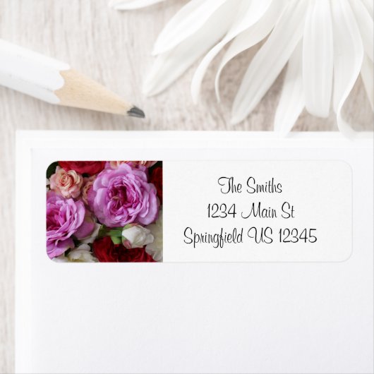 Bloemroze en rode retouradres labels (Insitu)