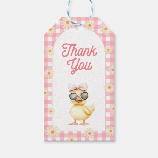 Bloemroze Gingham Duck Verjaardag Labels Cadeaulabel (Voorkant)