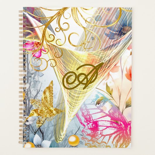 Bloemroze goud Fairy Bird Vlinder Monogrammed Planner (Voorkant)