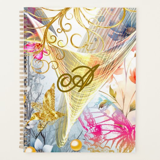 Bloemroze goud Fairy Bird Vlinder Monogrammed Planner (Voorkant)