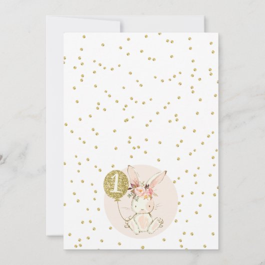 Bloemroze gouden konijn 1e verjaardag uitnodiging (Achterkant)