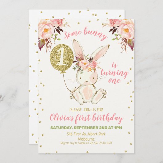Bloemroze gouden konijn 1e verjaardag uitnodiging (Voorkant / Achterkant)