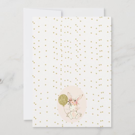 Bloemroze gouden konijntje verjaardagsuitnodiging kaart (Achterkant)