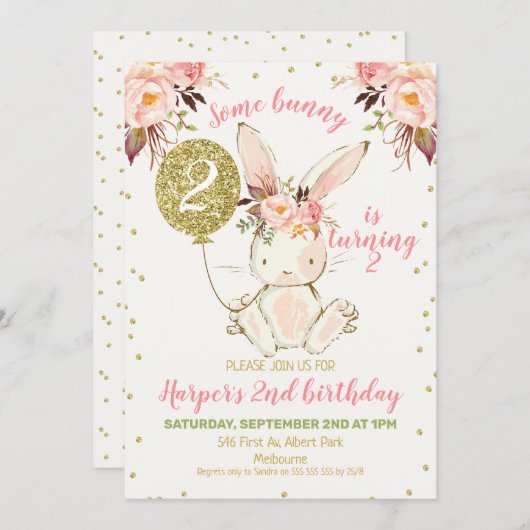 Bloemroze gouden konijntje verjaardagsuitnodiging kaart (Voorkant / Achterkant)