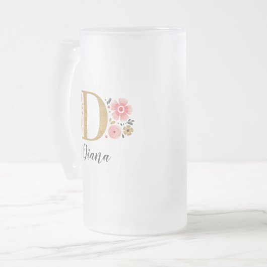 Bloemroze gouden monogram matglas bierpul (Voorkant links)