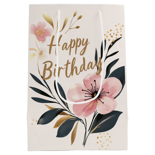 Bloemroze gouden verjaardag medium cadeauzakje (Achterkant)