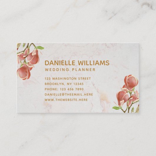 Bloemroze Magnolia Wit Marmer Gouden Script Visitekaartje (Achterkant)