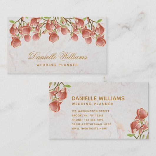 Bloemroze Magnolia Wit Marmer Gouden Script Visitekaartje (Voorkant / Achterkant)