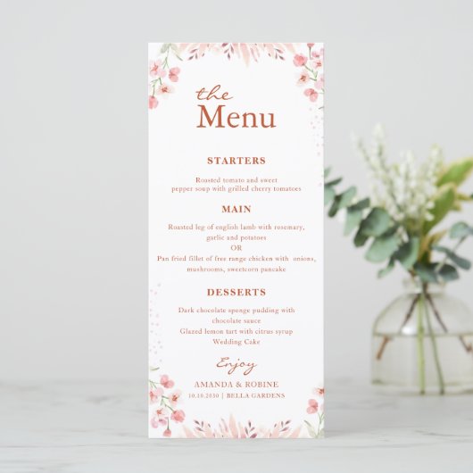 Bloemroze minimalistisch huwelijksmenu menu (Staand voorkant)
