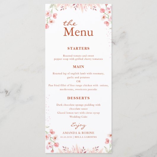 Bloemroze minimalistisch huwelijksmenu menu (Voorkant)