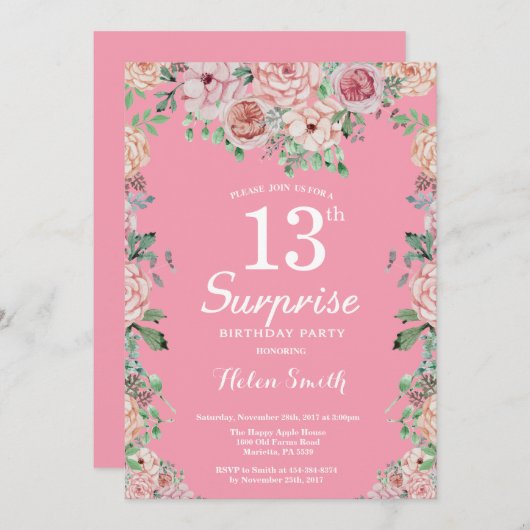 Bloemroze pioenen 13e verrassing verjaardag kaart (Voorkant / Achterkant)