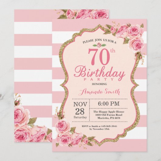 Bloemroze pioenen 70e verjaardag Uitnodiging (Voorkant / Achterkant)