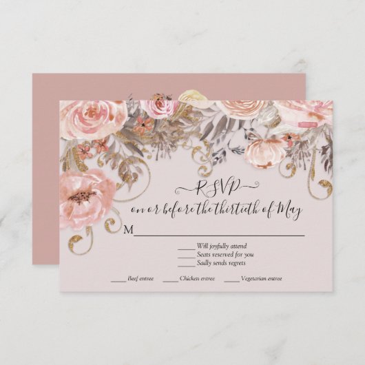 Bloemroze Rozen Boho Earth Tone RSVP Response (Voorkant / Achterkant)