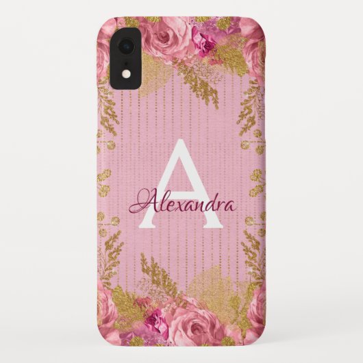Bloemroze rozen en goudfolie monogram Case-Mate iPhone case (Achterkant)