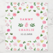 Bloemroze rozen met gebladerte bruiloft wijn etiket (Enkel label)