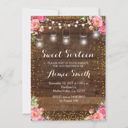 Bloemroze rustieke Sweet 16 Verjaardag Kaart (Voorkant)