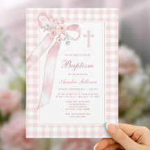Bloemroze strik gingham doop uitnodiging
