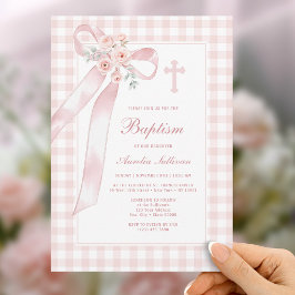 Bloemroze strik gingham doop uitnodiging