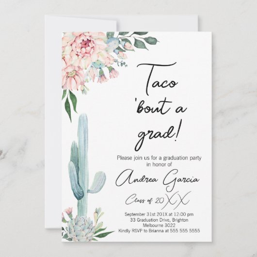 Bloemroze Taco over een Afstudeerder, Afstuderen Kaart (Voorkant)