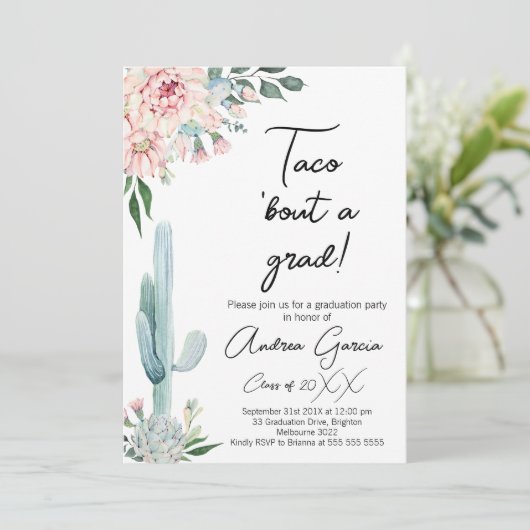 Bloemroze Taco over een Afstudeerder, Afstuderen Kaart (Staand voorkant)