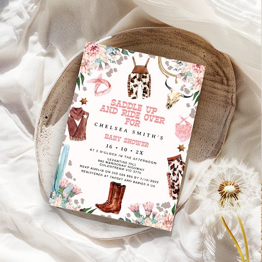 Bloemroze Western Rodeo Baby shower Kaart