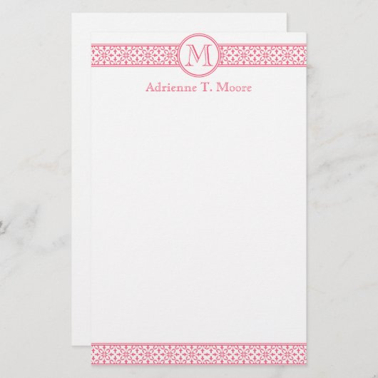 Bloemroze wit monogram Initiaal briefpapier (Voorkant / Achterkant)