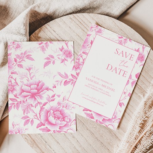 Bloemroze witte Toile de Jouy Save The Date
