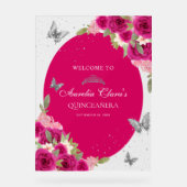 Bloemroze zilveren Tiara Butterfly Quinceañera Acryl Bord (Voorkant)