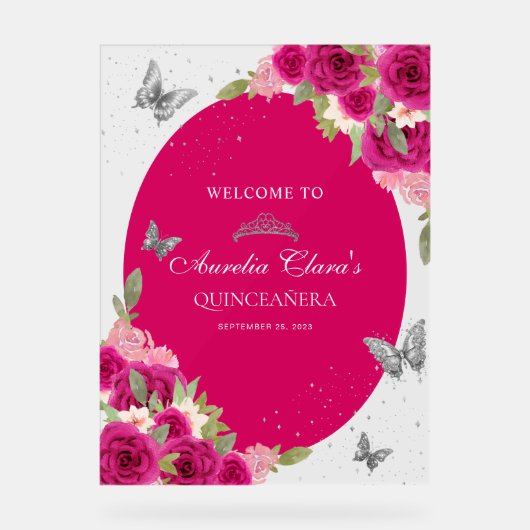 Bloemroze zilveren Tiara Butterfly Quinceañera Acryl Bord (Voorkant)