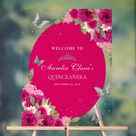 Bloemroze zilveren Tiara Butterfly Quinceañera Acryl Bord (Neutraal)