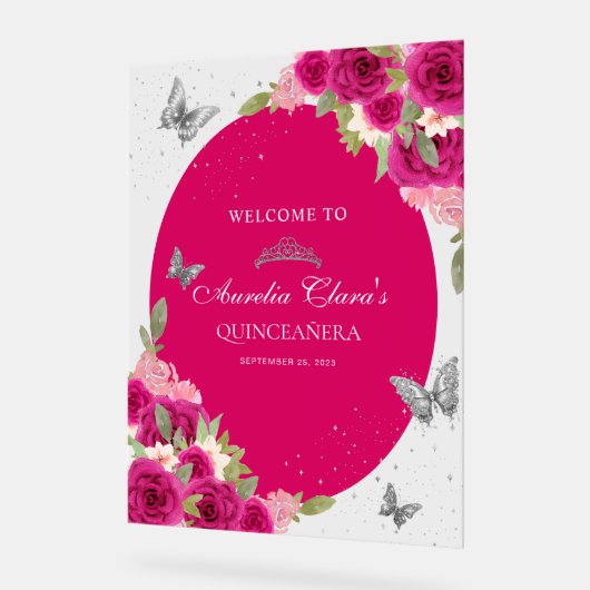 Bloemroze zilveren Tiara Butterfly Quinceañera Acryl Bord (Hoek)