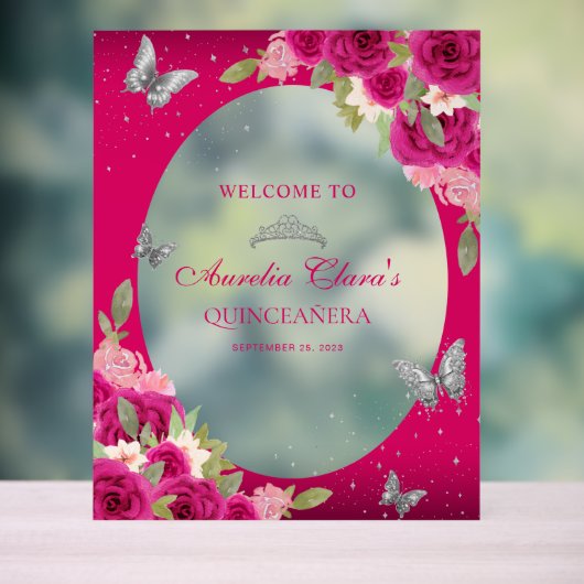 Bloemroze zilveren Tiara Butterfly Quinceañera Acryl Bord (Neutraal)