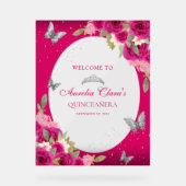 Bloemroze zilveren Tiara Butterfly Quinceañera Acryl Bord (Voorkant)