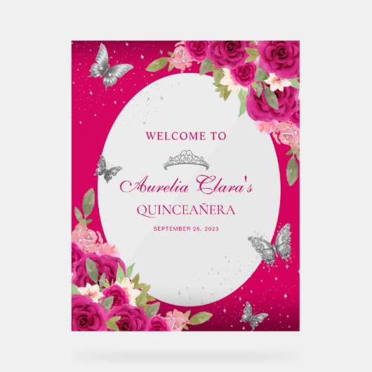 Bloemroze zilveren Tiara Butterfly Quinceañera Acryl Bord (Voorkant)