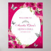 Bloemroze zilveren Tiara Butterfly Quinceañera Poster (Voorkant)