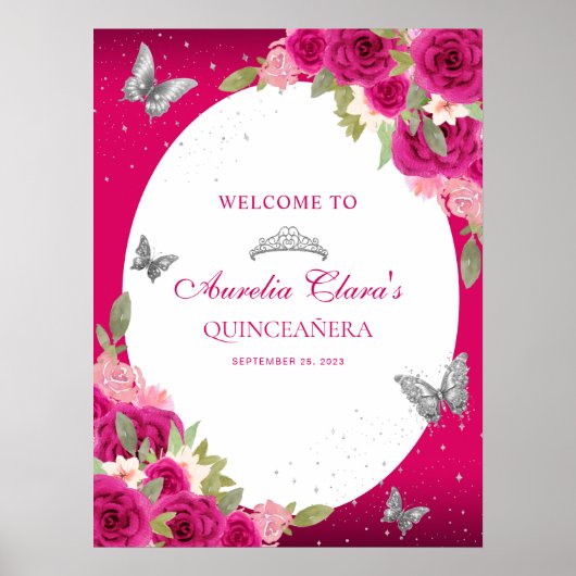 Bloemroze zilveren Tiara Butterfly Quinceañera Poster (Voorkant)