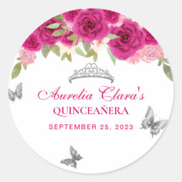 Bloemroze zilveren Tiara Butterfly Quinceañera Ronde Sticker
